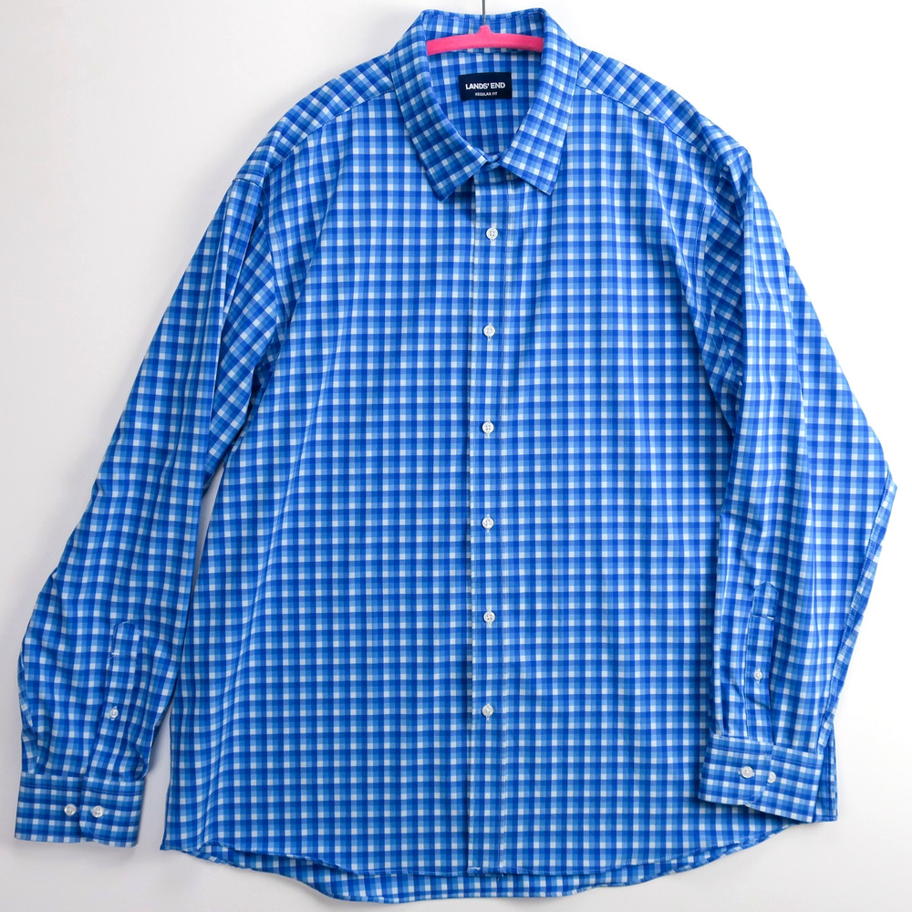 Land's End Men's XL Regular Fit Blue Plaid Stretch Button Up Business Casual